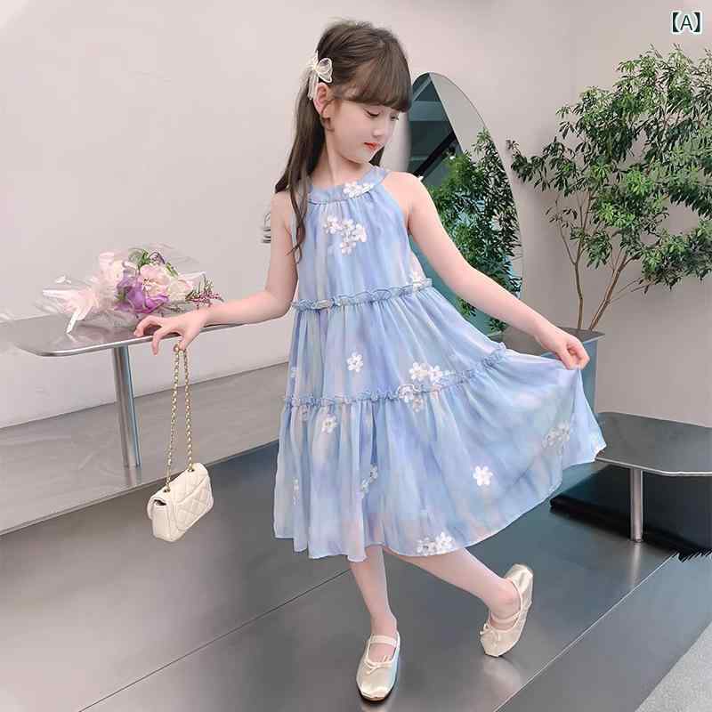 ワンピース キッズ 女の子 夏 シフォン リゾート サマードレス ノースリーブ 花柄 プリンセス Aライン フレア 軽量 薄手 快適 通気性 子供服 旅行 発表会 通学 通園 おしゃれ ブルー ホワイト