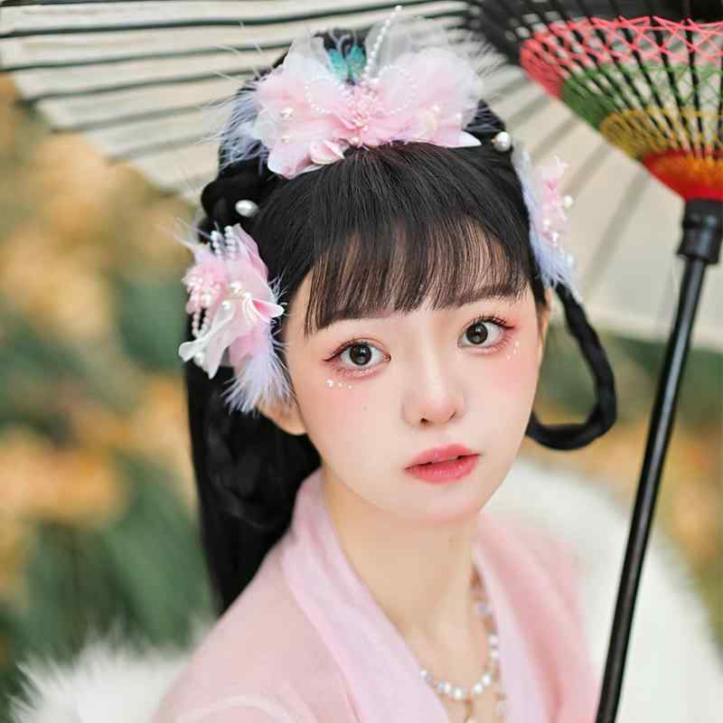 ヘアアクセサリー レディース 手作り ハンドメイド ピンク シルクフラワー フェザー タッセル 漢服風 中華風 文芸レトロ 古風 エレガント サイドクリップ セット 髪飾り