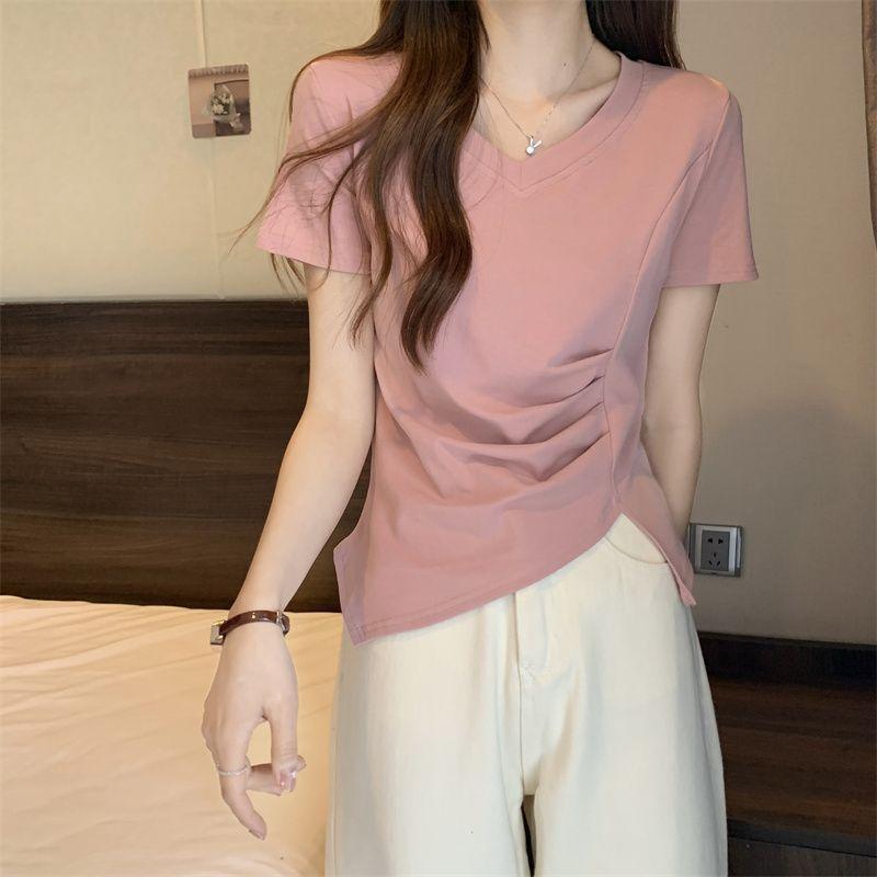 Tシャツ レディース 半袖 春夏 Vネック ギャザー プリーツ 細見え スリット 無地 着やせ トップス カジュアル 通勤 通学 おしゃれ
