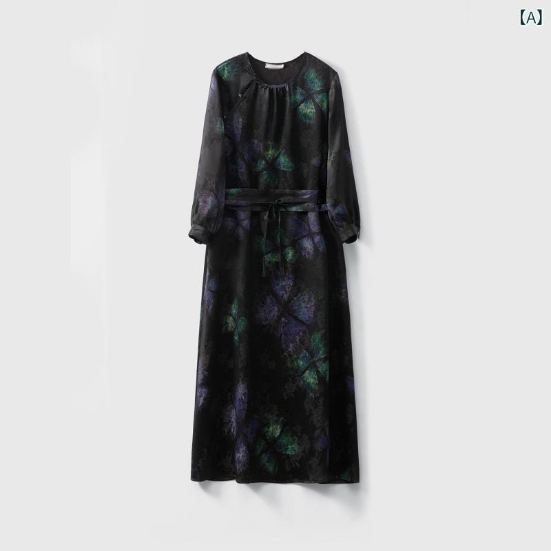ワンピース レディース チャイナドレス風 春夏秋 桑蚕糸 シルク調 接触冷感 高級感 ジャガード 花柄 A字 九分袖 ゆったり 体型カバー 通勤用 普段着 エレガント ロング丈 ブラック mzymzy-11162224 モズラボ サンプル画像2