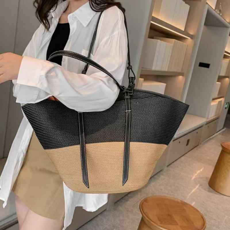 かごバッグ レディース トートバッグ 大容量 草編みバッグ 切り替え 肩掛け A4対応 手編み リゾート ビーチ カジュアル 軽量