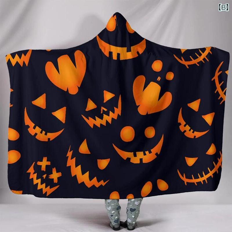 着る毛布 レディース メンズ ハロウィン かぼちゃ柄 フード付き ポンチョ ブランケット 防寒 暖かい ルームウェア 部屋着 冬用 テレビブランケット ショール mzymzy-11421641 モズラボ サンプル画像3