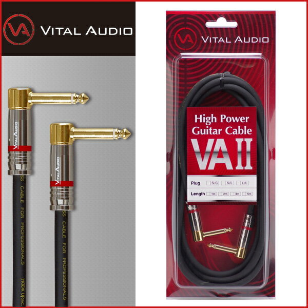 VITAL AUDIO VAII ケーブルは、コアを従来のケーブルの2〜3倍の太さにすることで、静電気を減らし音質の向上を実現しました。 シールド部分には、隙間を100%遮蔽して外部ノイズをカットした過密編組シールドを使用し、ノイズ対策を徹底させています。 また、シールド下部には導電カーボン、芯線には独自の“0518 OFC”を使用。 これにより ケーブル自体の屈曲性を強化。 プラグにはJIS規格、24金メッキ一体構造タイプの新型プラグMS-40Gプラグを使用することで導電率を高めています。 特にエレクトリック・ギターを中心とした楽器にとって重要な音域を、ノイズレスに逃さず伝達します。 【仕様】 使用ケーブル:0518 OFC CABLE (1芯/アンバランス) 使用プラグ:MS−40G　(2Pストレート及びL型)　ゴールドプラグ Conductor-Size : 0.75mm2 Construction(No/mm) : 150/0.08 OFC Diameter: 0.14mm Inner Jacket Thicness : 1.43mm Inner Jacket Diameter : 4.0 mm Conductor Vinyl Thicness : 0.25mm Conductor Vinyl Dimater : 4.5 mm Braided Shield Construction : 6 x 16 / 0.12OFC Braided Shield Dimeter : 5.0 mm PVC Jacket Thicness : 0.76mm PVC Jacket Dimeter : 6.5 mm Maximum Conductor Resistance(20°C) : 23.8Ω/km Capacitance(1kHz)-Approx : 100pF/m