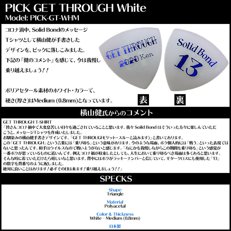 横山健 シグネイチャーピック トライアングル ホワイト ミディアム ken yokoyama PICK GET THROUGH White PICK-GT-WHM ギターピック ヨコヤマケン SOLID BOND ソリッドボンド ケンヨコヤマ