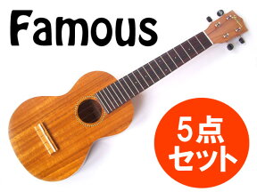 【今だけポイントUP！4月29日まで】5点セット！Famous/フェイマス FLS-2G ギアペグ仕様 ハワイアンコア材 コンサートスケール ソプラノロングネックウクレレ 安心の国産品★【P10】