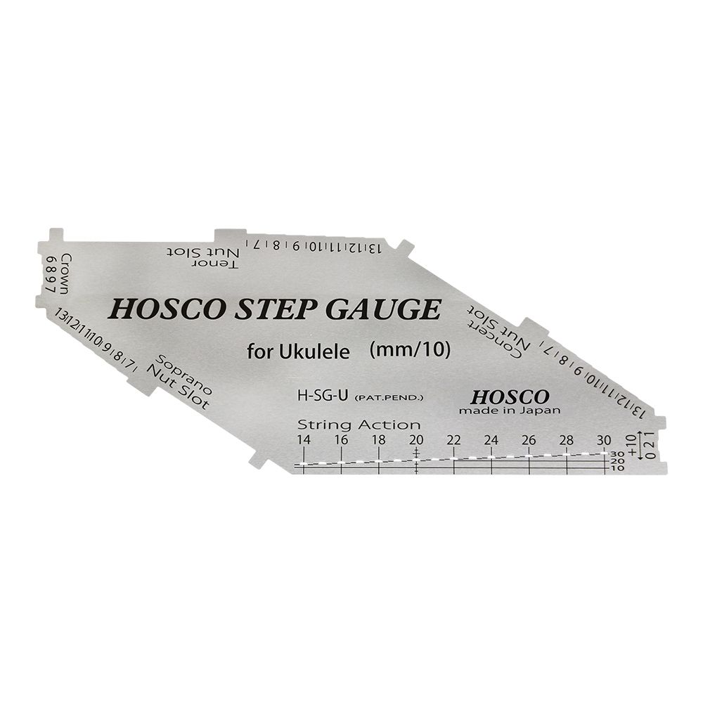 Step Gauge ウクレレ用 HOSCO Step Gauge for Ukulele (特許申請中) サイズ : 85 x 36 x 0.1mm 素材 : ステンレス 単位 : mm/10 ウクレレ用(ソプラノ、コンサート、テナー) ( 約308〜578mm ) 専用アルミケース付 ( 93 x 60 x 5mm )