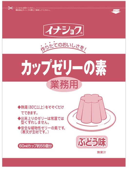 《特徴》 ・熱湯に溶かすだけでできる海藻から作られたゼリーの素。 ・夏期、室温でも形くずれしません。 ・フルーツや生クリームを添えてご使用ください。 ・1袋で60mlカップ約55個分作れるので、ホームパーティなどにもどうぞ。 《基本分量》 熱湯（90℃以上）　3.0～3.3L 《出来上がり量》 製品1袋で　約3.3L 原材料名 糖類(砂糖、粉飴、ぶどう糖)、寒天、ゲル化剤(増粘多糖類)、酸味料、ビタミンC、香料、ブドウ果皮色素 賞味期限 365日(未開封) 保存温度帯 常温 《栄養成分表》 栄養成分表 単位 100gあたり エネルギー kcal 365 たんぱく質 g 0.0 脂質 g 0.0 炭水化物 g 98.7 糖質 g 69.9 食物繊維 g 1.8 灰分 g 0.9 ナトリウム mg 104 食塩相当量 g 0.3