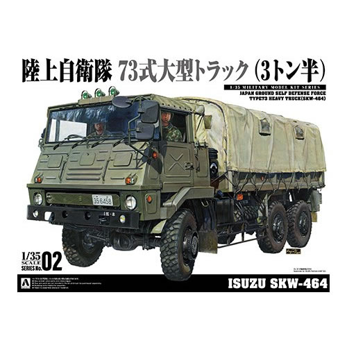 ご要望の多かった老兵が満を持しての登場です！73式大型トラックは、1973年より調達が開始された人員・物資輸送用汎用大型トラックです。陸上自衛隊においては普通科、機甲科、特科などの職種によらずほぼ全ての部隊に配備されており、海上自衛隊・航空自衛隊でも運用されるなど日本全国の自衛隊施設や公道で目にする機会の多い車両です。くわえて本車両の高い耐久性と不整地走破性能は、各地での災害派遣や人命救助に大きく貢献しています。第2弾となる今回は、ご要望の多かった改良型の中でも最終グループであるSKW-464を1/35スケールにて製品化します。特徴的な丸目のキャブやエアクリーナーに加えて2枚窓の幌・ホイールなどを新規金型にて再現、少し前の自衛隊を再現するのに欠かせない本車両を是非お手元でご堪能ください。・SKW-464の形式名で区分される73式大型トラックを精密に再現・キャブ・荷台ともに幌を外した状態も再現可能・前輪のステアリングは可動式・リアアクスルは疑似的に可動し実車の優れた不整地走破性能を直感的に体験可能・車長と操縦手のフィギュアが各1体ずつ付属・車体の随所に配置される灯火類や反射材はクリアパーツを多数使用・ゴム製のラジアルタイヤを使用・全長約205mm、全高約88mm、全幅約70mm・パーツ点数 約300点※掲載されている画像は試作品です。ブランドAOSHIMAシリーズ1/35 ミリタリーモデルキット No.2スケール1/35