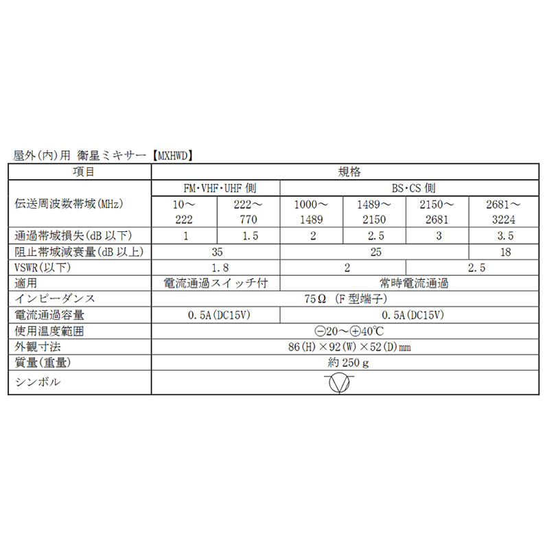 4K8K(3224MHz)対応 家庭用衛星ミキサー(VU＋BS・CS) 混合器 屋外(内)用 MXHWD マスプロ電工【FM・VHF・UHF ＋ BS・CS】【広帯域混合】