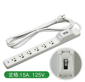 明工社【MR7632TJ1】 15A 安全ブレーカ付OA抜け止め接地タップ（6コ口）VCTFコード 1m 耐トラッキング接地プラグ付