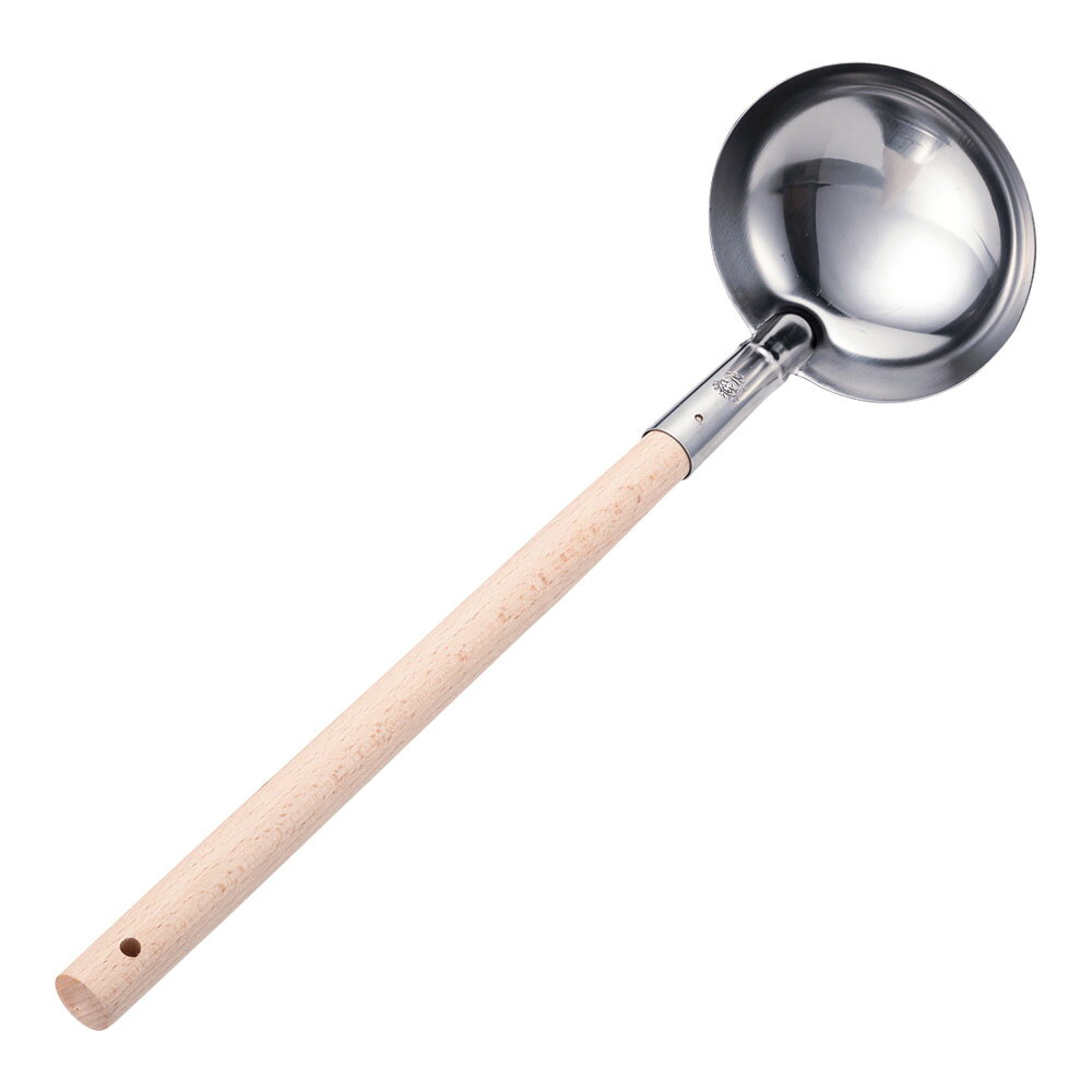 商品説明 商品名：18−0木柄和食レードル 穴無（釘1本付）　　品番：BLCK101 サイズ(mm)：φ110×柄長370、160cc 商品説明●お玉等の容量は目安です。