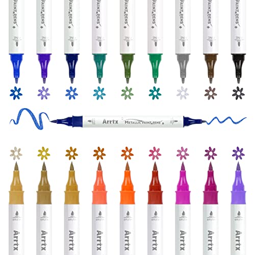 Arrtx メタリックペイントペン 18色 メタリックブラシマーカー 細字マーカー デュアルチップ ロックペイント 木製 生地 プラスチック キャンバス ブラックペーパー イースターエッグ ハロウィンデコレーション用
