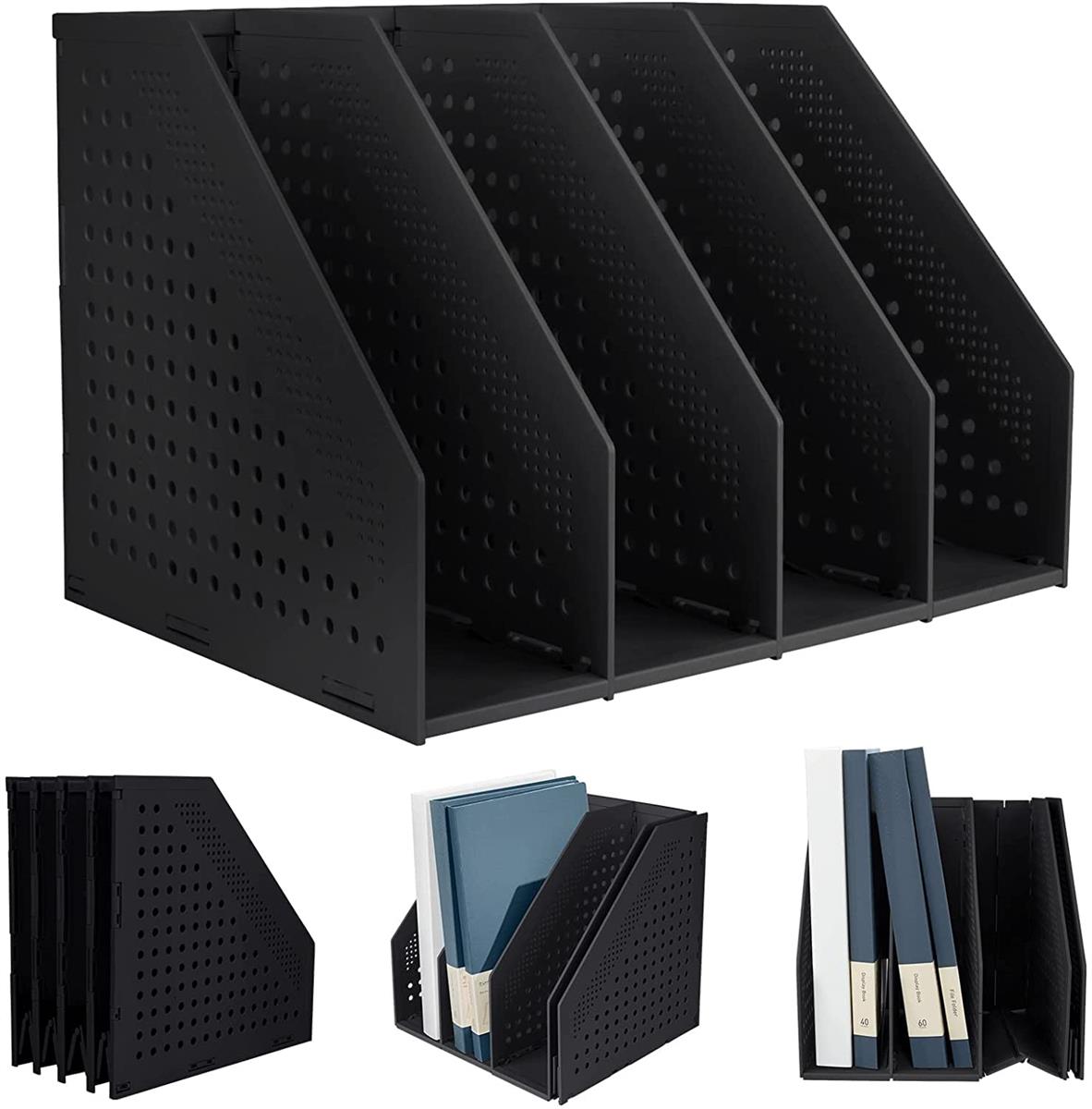 ファイルボックス 4段 卓上書類整理 多機能 本立て 文具収納ラック 折りたたみ式 PP製 A4対応 収納ケース オフィス・自宅・学習机に最適 大容量 卓上収納 ダークグレー