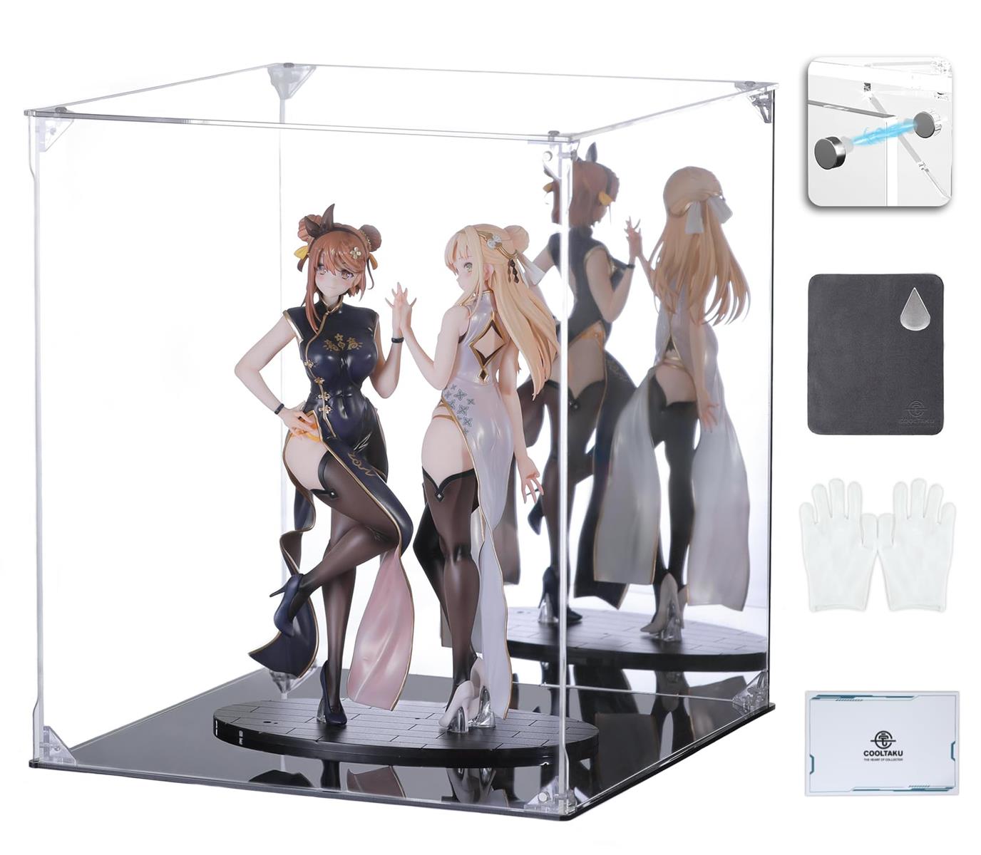 COOLTAKU フィギュアケース アクリル UVカット 背面ミラー マグネット式 磁石付き 前扉 コレクションケース より堅固 組み立て式 アクリルケース ディスプレイケース 防汚れ 手袋 クリーニング クロス付き (幅30×奥行30×高さ35cm, 黒い台座＋背面ミラー)