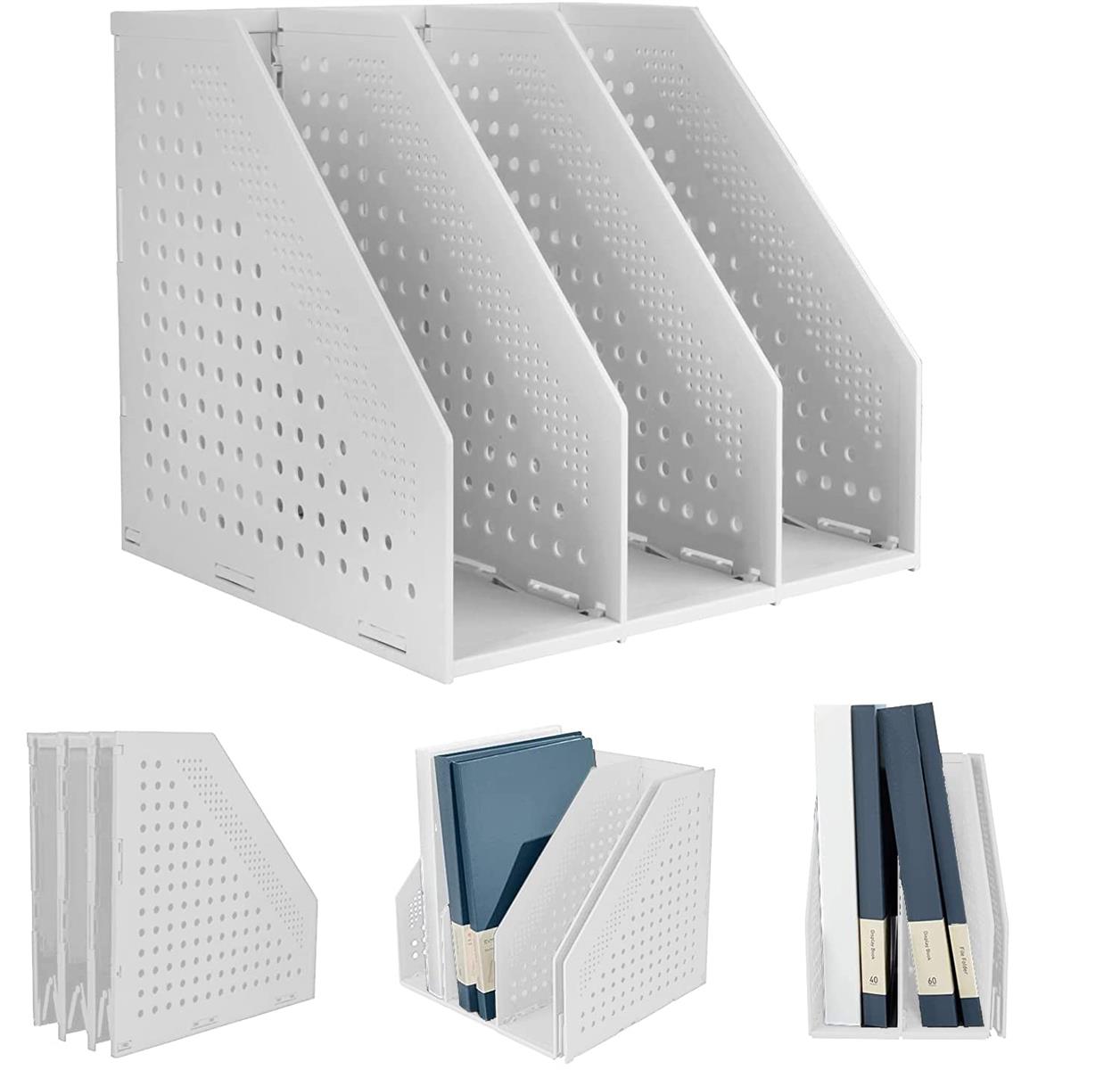 ファイルボックス 3段 卓上書類整理 多機能 本立て 収納ラック 折りたたみ式 PP製 文具収納 オフィス・自宅・学習机に最適 A4対応 大容量 卓上収納ラック オフホワイト