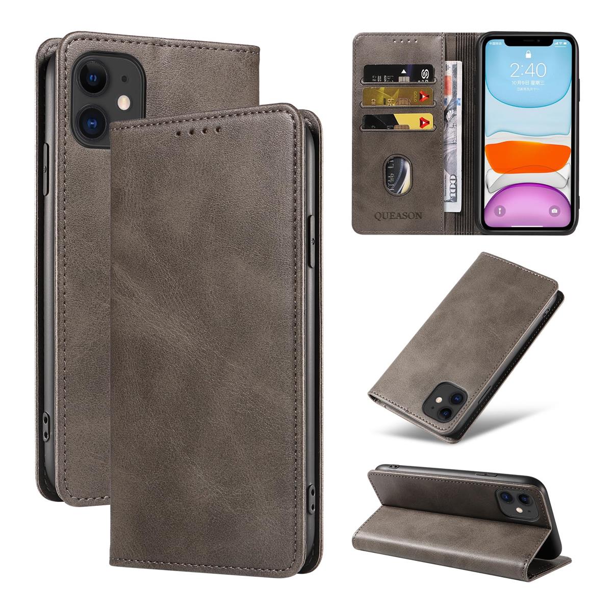 iPhone 11 ケース 手帳型 スタンド機能付き カード収納 マグネット式 衝撃吸収 PUレザー 耐衝撃 全面保護 スマホカバー シンプル グレー QUEASON
