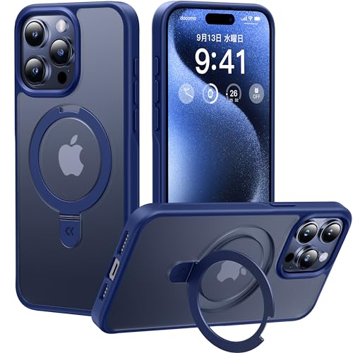 CASEKOO iPhone 15 Pro Max 用 ケース 【新生活に役立つ・多機能一体】Magsafe対応 米軍MIL規格 耐衝撃 隠しスタンド 指紋防止 マット仕上げ 黄変防止 薄型半透明 スマホケース ストラップホール付き ワイヤレス充電対応 アイフォン15proMax 用ケース（ブルー）