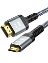双方向転送:コネクタ形状はHDMI(タイプA・19ピン)-Mini HDMI(タイプC・19ピン)です。ご購入前に、お使いの機器のコネクタ形状と合っているか必ずご確認の上でお買い求め下さい。（ご注意： Micro HDMI/Micro USB/Lightning/Mini DPに非対応）4K 高解像度：4K 30Hz 2160p(UHD)、1440p (QHD))および1080P(HD)ビデオ解像度に対応します。色深度は従来のフルカラー（24bit）から、ディープカラー（30/36/48/60bit）まで対応し、より忠実な色彩を再現可能です。このhdmi mini hdmiケーブルを使用すると、滑らかなで美しい4K映像を楽しめます。HDMI 2.0規格：Mini HDMI ケーブルはHDR・イーサネット双方向転送・フルHD・3D映像・ARC(オーディオリターンチャンネル)に対応しています。最大帯域幅18Gbpsをサポートし、映像信号と音声信号を高速伝送できます。対応機種：Mini HDMI to HDMI ケーブルはMini HDMI端子を搭載したカメラ、タブレット、グラフィックスカードなどのAV機器をHDMI端子付きのHDTV、モニター、プロジェクターなどのAV機器に接続できます。などのAV機器に接続できます。改良のデザイン：Mini HDMI HDMI ケーブルは24K金メッキプラグと3重シールドの組み合わせにより、信号劣化を抑え、外部からの干渉を防ぎ、より安定した信号伝送を保 証します。ナイロン編みと根部折り曲げ改良のデザインで、強靭で折れにくい、耐久性を高めます。mini hdmi 5m