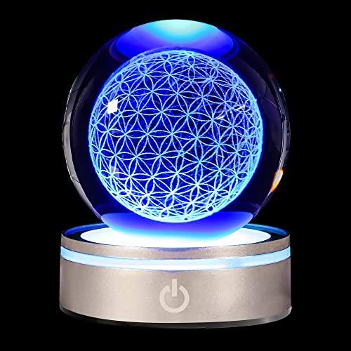 楽天日用雑貨のギフテッド3D LED 高級 ハンドメイド クリスタル フラワーオブライフ ボール オルゴナイト オリジナル 浄化 ヒーリング 夜光透明水晶玉