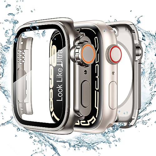 【2023モテル】TALENANA for Apple Watchケース 45mm/44mm/41mm/40mm 瞬時にApple Watch Ultraに変身する 防水 series 8/7/SE/6/5/4 液晶保護フィルム+保護ケース+背面ケースの3 in 1デザイン 一体型 全面保護 液晶保護 防傷 耐衝撃 高透過率 （Series 6/SE/5/4、44mm、チタ