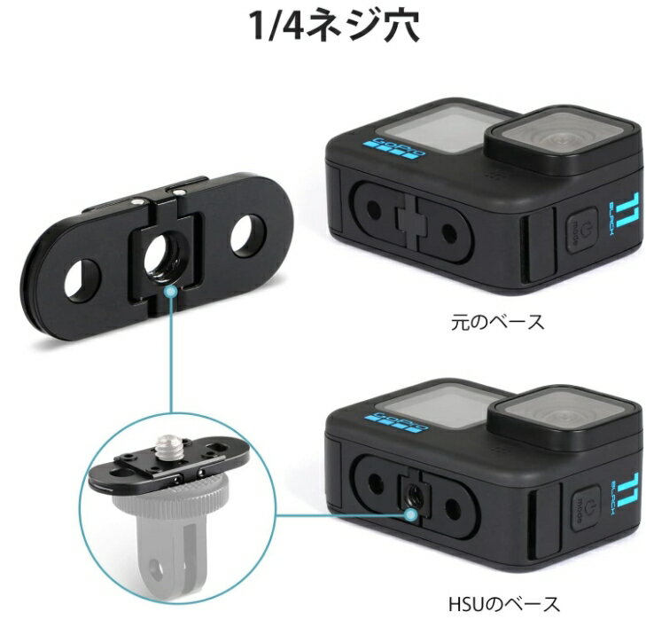 対応機種：GoPro Hero 11/10/9/8/Max セット内容：ベースマウンド、ねじ回し、ネジ、 1/4ネジ穴：純正より真ん中に1/4ネジ穴がつき、1/4ネジのアクセサリーと直接にGoProに繋がって、変換アダプターが要らなく、もっと便利になります。