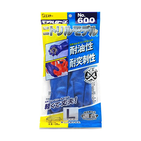 商&nbsp;品&nbsp;詳&nbsp;細 金属加工に最適です。 耐熱性・耐突き刺し強度に優れ、耐油性のある裏メリヤスタイプです。 軽くて手に良くなじみます。 金属加工品の扱い、印刷業の版拭き、清掃・荷役作業。 【商品仕様】 色：ブルー サイズ：L 厚さ(mm)：0.95 全長(cm)：26.0 手のひら周り(cm)：24.0 中指長さ(cm)：7.6 裏布付 食品衛生法適合品 材質・仕上：表/ニトリルゴム(NBR)、裏/綿100% 原産国：ベトナム