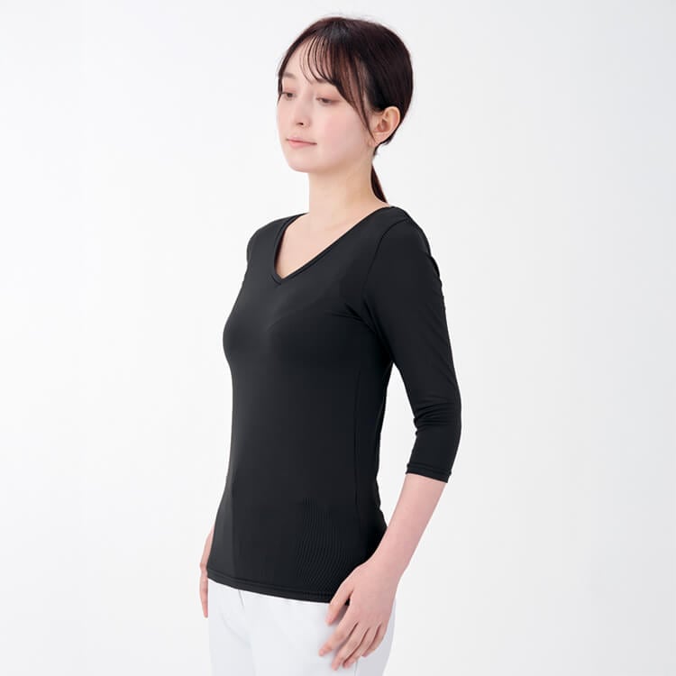 Rakuten - 【スクラブインナー七分袖 レディース】Vネック「抗菌防臭＆吸汗速乾」ストレッチ S〜LL ネイビー ブラック色 / ナースウェア