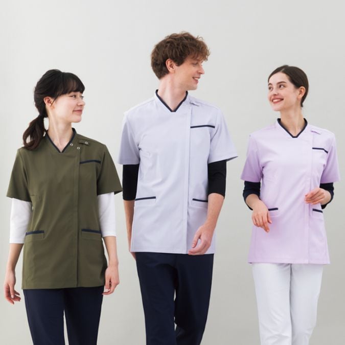 【医療用ユニフォーム 男女兼用】Vネック「ストレッチ＆透け防止」工業洗濯可・制菌制電・防汚 SS〜5L 5色 / ナースウェア
