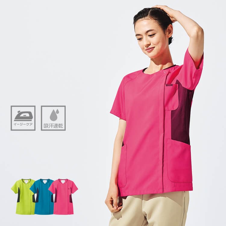 【スクラブ レディース】ファスナー付き「シワになりにくい素材」 S～4L 3色 レディス ジップスクラブ ..