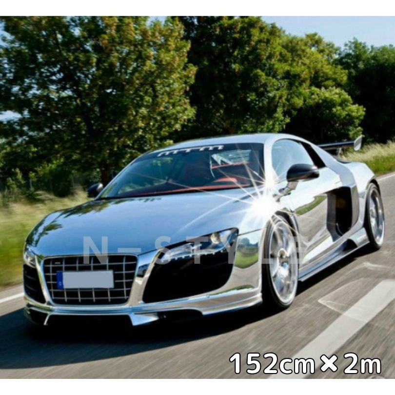 ラッピングシート 銀メッキ152cm×2m カーラッピングフィルム クロームシルバー カッティングシート 伸縮、耐熱耐水曲面対応裏溝付 保護フィルム付