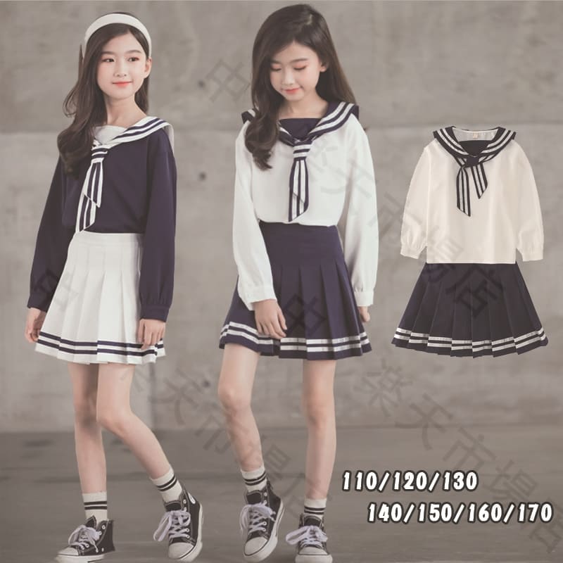 商品 内容 2点セット（シャツ/スカート）学生 制服 マリン風 生地 ポリエステル100％ 表記サイズ 110cm 着丈42cm　バスト80cm　袖丈35cm　肩幅34cm スカート丈29cm ウエスト48cm 120cm 着丈45cm　バスト84cm　袖丈38cm　肩幅36cm スカート丈30cm ウエスト51cm 130cm 着丈48cm　バスト88cm　袖丈41cm　肩幅37cm スカート丈32cm ウエスト53cm 140cm 着丈51cm　バスト92cm　袖丈44cm　肩幅39cm スカート丈34cm ウエスト56cm 150cm 着丈54cm　バスト96cm　袖丈46cm　肩幅40cm スカート丈35cm ウエスト58cm 160cm 着丈57cm　バスト100cm　袖丈49cm　肩幅42cm スカート丈37cm ウエスト61cm 170cm 着丈60cm　バスト104cm　袖丈51cm　肩幅43cm スカート丈38cm ウエスト63cm 注意事項 ■ディスプレーにより、商品画像と実際の色が多少違う場合がございます。 ■サイズについて：※実寸は縫製時仕様（若干の誤差がある場合がございます） ■素材の特性上、洗濯やクリーニング等で商品が縮んだりすることがあります。