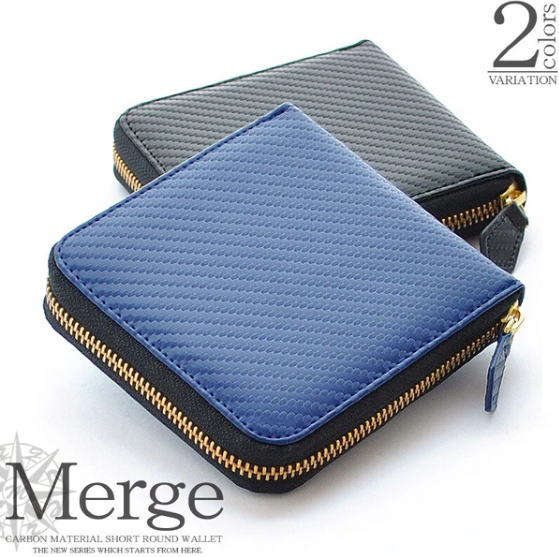 其它 - 【Merge】 マージ 短財布 ラウンド短財布 コンパクト財布W 牛革 カーボン加工 (ブラック/ネイビー）