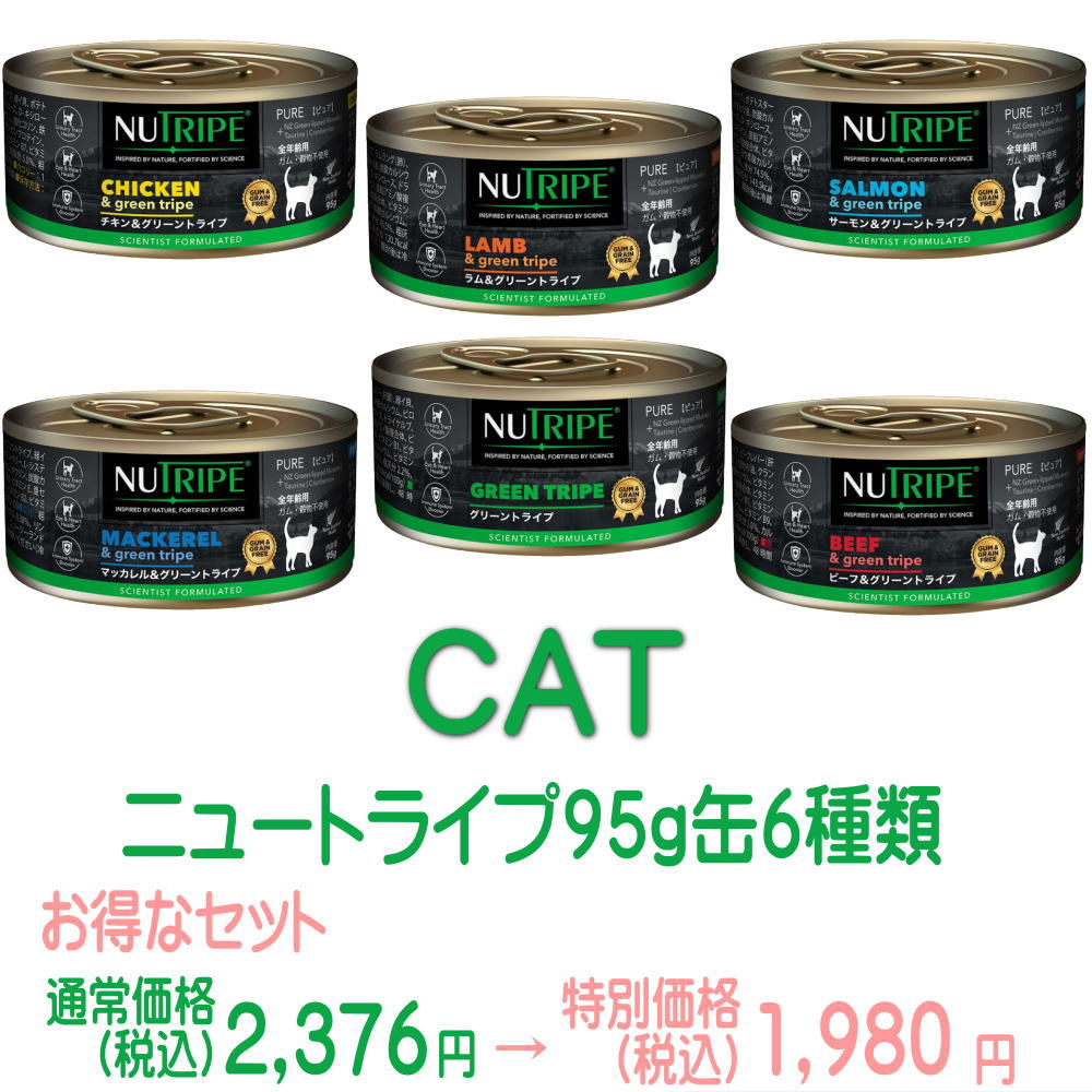 SALE！最短賞味2026.5・ニュートライプ 猫ピュア グリーントライプ 特別6缶セット全年齢対応猫用 総合栄養食 正規品nutcs6のサムネイル