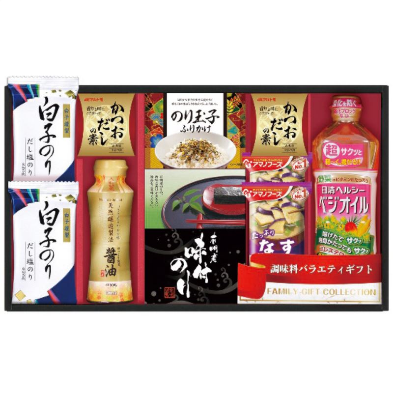 毎日の料理に使える手軽で便利な調味料とご飯のお供のセットです。▼商品名日清オイリオ＆白子のり食卓詰合せ OS-40▼セット内容(1セット)白子だし塩のり(8切5枚)・マルトモかつおだしの素(4g×4袋)・アマノフーズなすおみそ汁9.5g各2個・のり玉子ふりかけ(4.5g×2袋)・有明海産味付のり(8切8枚2袋)各1個・伊賀越天然醸造しょうゆ200ml・日清ヘルシーベジオイル600g各1本▼賞味期間製造日より常温約360日▼製造日本製▼アレルゲン表示卵・乳成分・小麦・ごま・さば・大豆・鶏肉・魚介類▼箱サイズ/重さ42.5×25×7cm/1460g▼メーカー/ブランド創愛※内容・デザインなど変更になる場合があります。※送料無料（但し沖縄・一部地域除く）※のし対応・ラッピング無料・メッセージカード無料・配送日指定※お買い物マラソン ワンダフルデー 0のつく日 5のつく日 楽天市場の日 ご愛顧感謝デー 育児の日 ナコレ ブラックフライデーポイント2倍 ポイント5倍 ポイント10倍 などのキャンペーンは楽天会員様のみ有効となりますのでご了承ください。※のし・包装のご希望は備考欄へ。(のし「出産祝い等」名入れ「山内」)ギフト対応ギフトに困ったらこちらをクリックメーカー希望小売価格はメーカーカタログに基づいて掲載しています【熨斗（のし）の書き方】≪慶事≫>■蝶結び---------------何度繰り返してもよいお祝い事に使用します。例：出産内祝い（出産祝いのお返し）/出産祝い/お中元/お歳暮/お祝い/新築祝いのお返し/入学祝い/入園祝い/就職祝い/成人祝い/初節句▼表書き無し（慶事結婚以外） 御祝（結婚以外） 御出産祝 御入学祝 御就職祝 御新築祝 御昇進祝 御昇格祝 御誕生日祝 御礼（結婚以外） 内祝（結婚祝い 快気祝い以外） 新築内祝 御中元(お中元) 暑中御伺い 暑中御見舞 残暑御見舞 母の日 父の日 敬老の日 祝成人 成人祝い 粗品 御餞別 寸志 記念品 贈答品 御歳暮(お歳暮) 御年賀(お年賀) 御土産 拝呈 贈呈 謹謝 ■結びきり10本----------一度きりであってほしい場合に使用します。（婚礼関連のみに使用）例：引き出物/名披露目/結婚内祝い（結婚祝いのお返し）/結婚祝い▼表書き無し（結婚） 御祝（結婚） 御結婚御祝 寿 壽 御礼（結婚） 内祝（結婚）■結びきり--------------一度きりであってほしい場合に使用します。例：快気祝い（病気見舞い） 快気内祝い（病気見舞いのお返し）▼御見舞（快気） 快気祝 快気内祝≪弔事≫■黒白結び切り（ハス柄）----弔事に使用します。※その他ギフト関連キーワード命名 赤ちゃん ノベルティー 景品 写真 かわいい カワイイ かっこいい カッコイイ 美味しい おいしい 参加賞 サンクスギフト ウェルカムギフト クリスマスプレゼント バレンタイン バレンタインデーギフト スイーツ ホワイトデーギフト テレワーク リモートワーク ステイホーム 冬ギフト 夏ギフト お彼岸 御彼岸 自粛見舞 感謝 送品 引出物 通学 通勤 料理 幼稚園 小学校 中学校 高校 会社 企業 法人 安い お茶菓子▼お届け対応地域一覧北海道 本州 東北地方 青森県 岩手県 宮城県 秋田県 山形県 福島県 関東地方 茨城県 栃木県 群馬県 埼玉県 千葉県 東京都 神奈川県 中部地方 新潟県 富山県 石川県 福井県 山梨県 長野県 岐阜県 静岡県 愛知県 近畿地方 三重県 滋賀県 京都府 大阪府 兵庫県 奈良県 和歌山県 中国地方 鳥取県 島根県 岡山県 広島県 山口県 四国 四国地方 徳島県 香川県 愛媛県 高知県 九州 沖縄 九州 沖縄地方 福岡県 佐賀県 長崎県 熊本県 大分県 宮崎県 鹿児島県 沖縄県 ※一部地域除当店おすすめの注目商品/当店人気No.1商品 モンドセレクション最高金賞受賞 飲む温泉水「観音温泉水」/全国送料無料 RINGBELL(リンベル)カタログギフト/結婚 出産内祝いに 女性に人気のパスタギフトセット/贈り物に悩んだらこれスターバックスコーヒーギフト/出産祝いにkaloo(カルー)その他ベビー キッズマタニティグッズも充実/空間に素敵なエッセンス インテリア 収納 雑貨おしゃれな家具▼所在地静岡県沼津市上香貫三貫地1244▼決済方法クレジットカード決済 楽天バンク決済 銀行振込み 代金引換(代引き) セブンイレブン決済 ローソン決済 NP後払い auかんたん決済 Edy決済