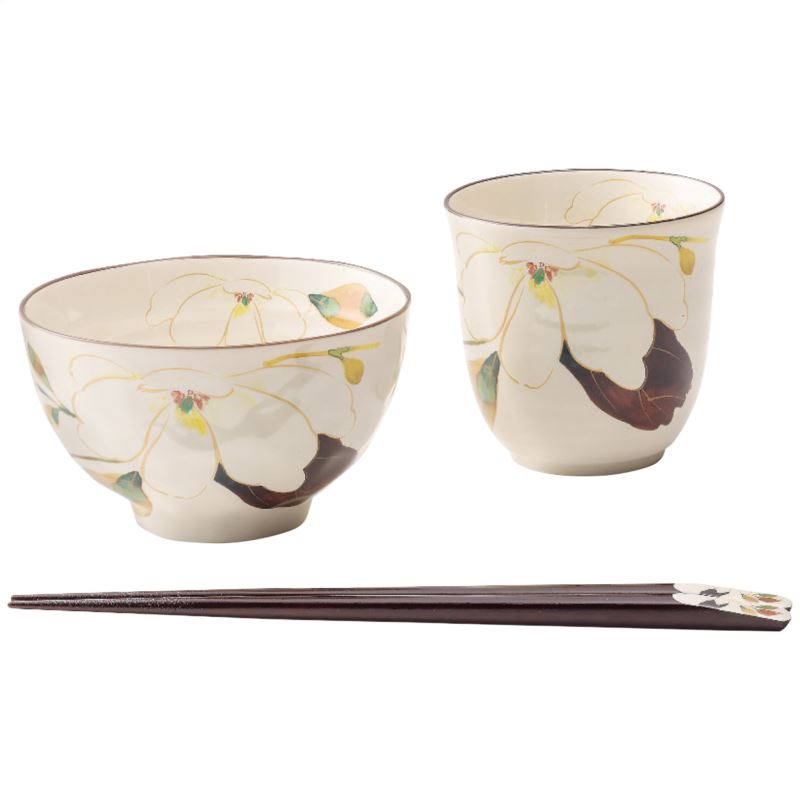 セラミック藍 花かいろう飯碗湯呑(天宝箸付) モクレン 日本製 和陶器 内祝い 結婚内祝い 出産内祝い 景品 結婚祝い 引き出物 クーポン配布中