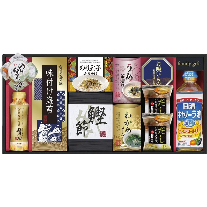 ▼商品名日清オイリオ食卓詰合せ・セット内容(1セット)たまごスープ(5.4g)×2、日清キャノーラ油(400g)・伊賀越天然醸造しょうゆ(200ml)・島の香のり佃煮(80g)・わかめスープ(5.3g×2袋)・のり玉子ふりかけ(4.5g×2袋)・うめ茶漬け(4.3g×2袋)・永谷園お吸いもの松茸風味(2.3g×2袋)・鰹節削り(2g×4袋)・有明海産味付け海苔(3切6枚)×各1・サイズ：▼材質▼賞味期間常温1年▼製造▼アレルゲン表示卵・乳・小麦・えび▼箱サイズ/重さ25×51×7cm/1.6kg▼メーカー/ブランド※内容・デザインなど変更になる場合があります。※送料無料（但し沖縄・一部地域除く）※のし対応・ラッピング無料・メッセージカード無料・配送日指定※お買い物マラソン ワンダフルデー 0のつく日 5のつく日 楽天市場の日 育児の日 ナコレ ブラックフライデーポイント2倍 ポイント5倍 ポイント10倍 などのキャンペーンは楽天会員様のみ有効となりますのでご了承ください。※のし・包装のご希望は備考欄へ。(のし「出産祝い等」名入れ「山内」)ギフト対応ギフトに困ったらこちらをクリックメーカー希望小売価格はメーカーカタログに基づいて掲載しています【熨斗（のし）の書き方】≪慶事≫>■蝶結び---------------何度繰り返してもよいお祝い事に使用します。例：出産内祝い（出産祝いのお返し）/出産祝い/お中元/お歳暮/お祝い/新築祝いのお返し/入学祝い/入園祝い/就職祝い/成人祝い/初節句▼表書き無し（慶事結婚以外） 御祝（結婚以外） 御出産祝 御入学祝 御就職祝 御新築祝 御昇進祝 御昇格祝 御誕生日祝 御礼（結婚以外） 内祝（結婚祝い 快気祝い以外） 新築内祝 御中元(お中元) 暑中御伺い 暑中御見舞 残暑御見舞 母の日 父の日 敬老の日 祝成人 成人祝い 粗品 御餞別 寸志 記念品 贈答品 御歳暮(お歳暮) 御年賀(お年賀) 御土産 拝呈 贈呈 謹謝 ■結びきり10本----------一度きりであってほしい場合に使用します。（婚礼関連のみに使用）例：引き出物/名披露目/結婚内祝い（結婚祝いのお返し）/結婚祝い▼表書き無し（結婚） 御祝（結婚） 御結婚御祝 寿 壽 御礼（結婚） 内祝（結婚）■結びきり--------------一度きりであってほしい場合に使用します。例：快気祝い（病気見舞い） 快気内祝い（病気見舞いのお返し）▼御見舞（快気） 快気祝 快気内祝≪弔事≫■黒白結び切り（ハス柄）----弔事に使用します。※その他ギフト関連キーワード命名 赤ちゃん ノベルティー 景品 写真 かわいい カワイイ かっこいい カッコイイ 美味しい おいしい 参加賞 サンクスギフト ウェルカムギフト クリスマスプレゼント バレンタイン バレンタインデーギフト スイーツ ホワイトデーギフト テレワーク リモートワーク ステイホーム 冬ギフト 夏ギフト お彼岸 御彼岸 自粛見舞 感謝 送品 引出物 通学 通勤 料理 幼稚園 小学校 中学校 高校 会社 企業 法人 安い お茶菓子▼お届け対応地域一覧北海道 本州 東北地方 青森県 岩手県 宮城県 秋田県 山形県 福島県 関東地方 茨城県 栃木県 群馬県 埼玉県 千葉県 東京都 神奈川県 中部地方 新潟県 富山県 石川県 福井県 山梨県 長野県 岐阜県 静岡県 愛知県 近畿地方 三重県 滋賀県 京都府 大阪府 兵庫県 奈良県 和歌山県 中国地方 鳥取県 島根県 岡山県 広島県 山口県 四国 四国地方 徳島県 香川県 愛媛県 高知県 九州 沖縄 九州 沖縄地方 福岡県 佐賀県 長崎県 熊本県 大分県 宮崎県 鹿児島県 沖縄県 ※一部地域除当店おすすめの注目商品/当店人気No.1商品 モンドセレクション最高金賞受賞 飲む温泉水「観音温泉水」/全国送料無料 RINGBELL(リンベル)カタログギフト/結婚 出産内祝いに 女性に人気のパスタギフトセット/贈り物に悩んだらこれスターバックスコーヒーギフト/出産祝いにkaloo(カルー)その他ベビー キッズマタニティグッズも充実/空間に素敵なエッセンス インテリア 収納 雑貨おしゃれな家具▼所在地静岡県沼津市上香貫三貫地1244▼決済方法クレジットカード決済 楽天バンク決済 銀行振込み 代金引換(代引き) セブンイレブン決済 ローソン決済 NP後払い auかんたん決済 Edy決済