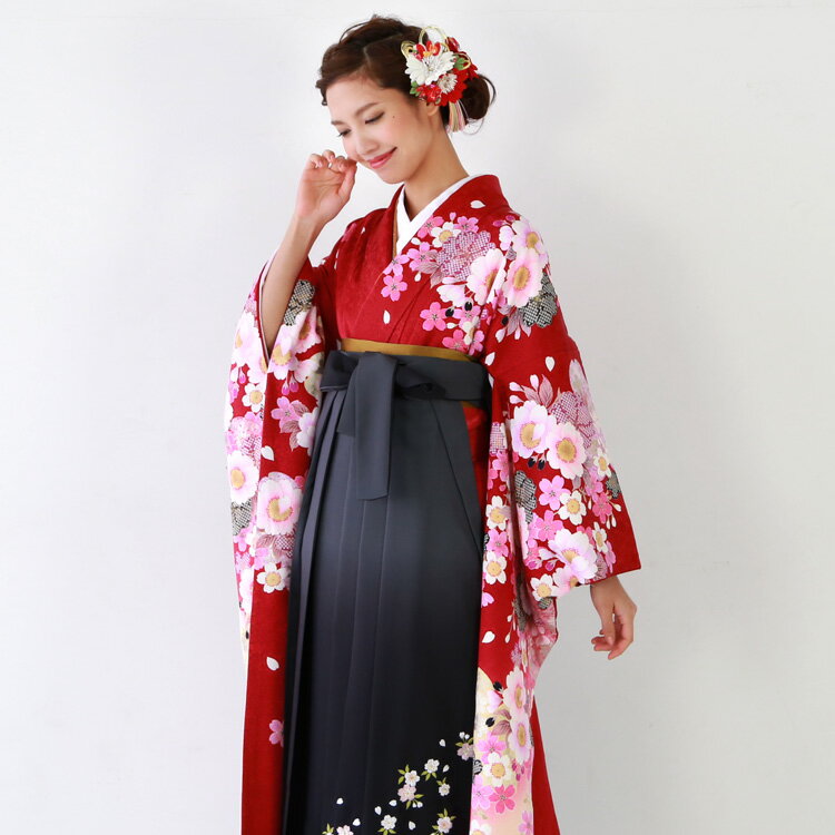 【5/23 20:00〜5/27 1:59まで最大2,000円OFFクーポン】【レンタル】卒業式 袴 レンタル 女 袴セット 卒業式袴セット 正絹振袖&袴 フルセットレンタル 安い 「赤地に八重桜 ピンク 絞り調 クリーム 黒」