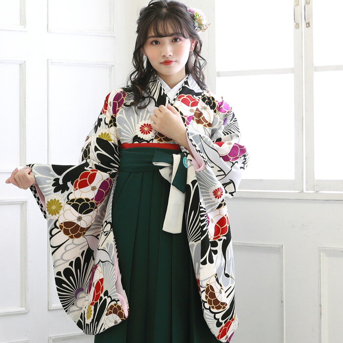 【11/20 20:00〜11/27 1:59まで最大2,000円OFFクーポン】【レンタル】 卒業式 袴 レンタル 女 袴セット 卒業式袴セット 2尺袖着物＆袴 フルセットレンタル 「黒とグレーの染め分け菊と鶴」JAPAN STYLE レトロ モダン 大学 安い 3