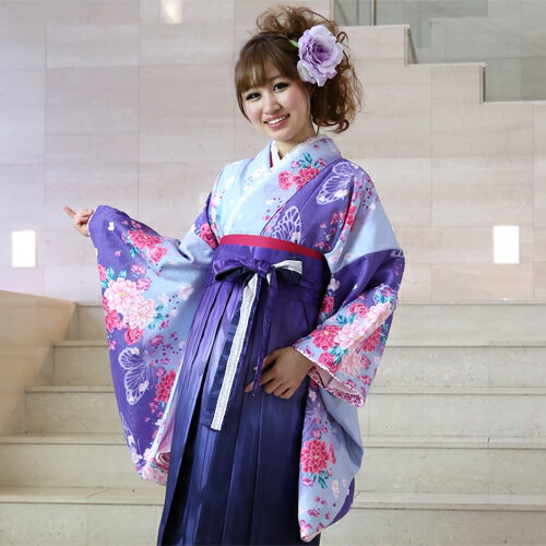 【レンタル】卒業式 袴 レンタル 女 袴セット 女 卒業式袴セット2尺袖着物＆袴 フルセットレンタル 安い 「水色地に紫ぼかし ピンク系牡丹と蝶」
