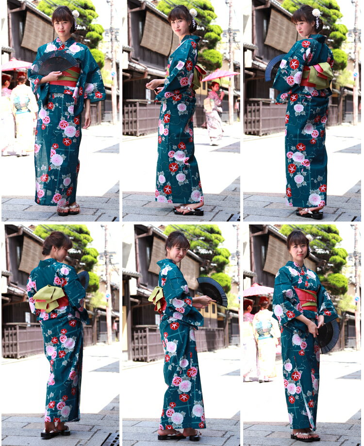 【期間限定クーポン】大きいサイズ浴衣3点セット「青緑地に朝顔と格子」