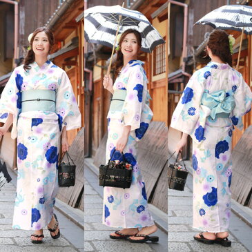 浴衣 セット レトロ 高級変わり織り綿浴衣3点セット「生成り地に青系のラメ桜と丸菊」 浴衣 白 青 クリーム 桜 菊