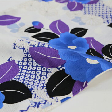 浴衣 レトロ セット レディース 高級変わり織り綿浴衣3点セット「白地に青の椿と紫の葉」 浴衣 白地 椿 青 古典柄