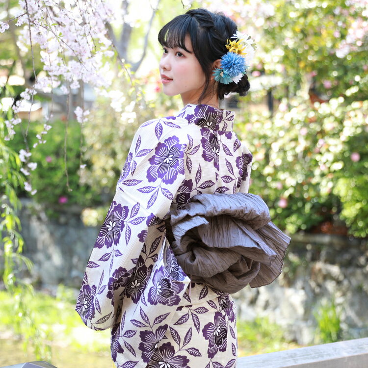 浴衣 セット レトロ 高級綿絽浴衣3点セット「オフホワイト地に紫花柄と葉っぱ」浴衣 白 花 葉 浴衣帯 グレー色 ヘコ帯 へこ帯 レディース 古典柄 大人 モダン しっとり レトロ