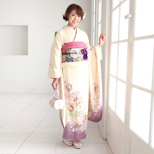 【11/4 20:00〜11/11 1:59まで最大2,000円OFFクーポン】【レンタル】【最大20日間レンタル】正絹 振袖 レンタル 成人式 セット 20点フルセット 「クリーム色 桜 鹿の子 雪輪」成人式から結婚式やフォーマルまで