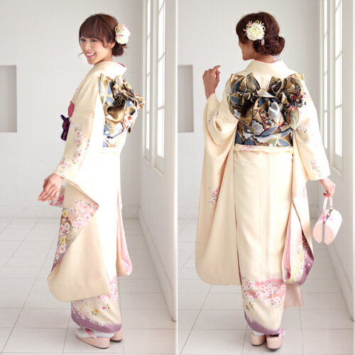 【11/4 20:00〜11/11 1:59まで最大2,000円OFFクーポン】【レンタル】【最大20日間レンタル】正絹 振袖 レンタル 成人式 セット 20点フルセット 「クリーム色 桜 鹿の子 雪輪」成人式から結婚式やフォーマルまで