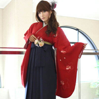 【10/14 20:00〜10/17 09:59まで最大2,000円OFFクーポン】【レンタル】卒業式 袴 レンタル 女 袴セット 女 卒業式袴セット2尺袖着物＆袴 フルセットレンタル 安い 「赤地にピンクの桜刺繍 教員 シンプル」