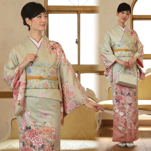 【レンタル】訪問着 レンタル 19点フルコーディネートレンタルセット「淡い黄緑色地に菊 牡丹 桃などの花々」結婚式 入学式 七五三