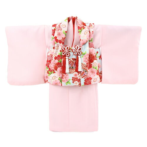 【1歳用着物レンタル】祝着 1歳 女の子 着物 二部式着物 被布セット「ピンク無地着物に水色被布（桜と鞠）」ひな祭り 衣装 初節句