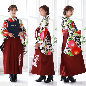 【販売】卒業式 袴 4点セット 購入 女性 袴セット 卒業式袴セット 2尺袖着物 袴 長襦袢 半巾帯「白黒の縞地に赤ピンクの大椿」レトロ 大学 販売 安い 〔zu〕