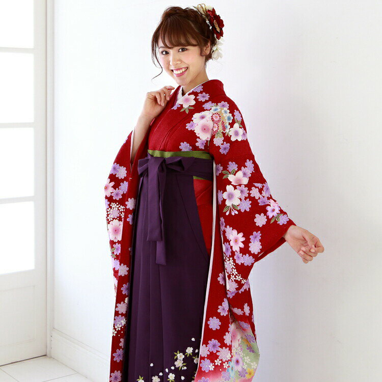 【レンタル】卒業式 袴 レンタル 女 袴セット 卒業式袴セット 正絹 振袖 着物＆袴 フルセットレンタル 安い 「赤地にぼかし 花 桜」